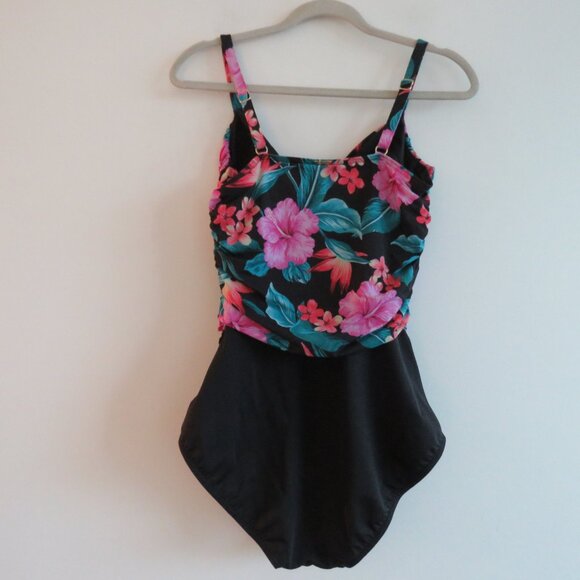LAND'S END Tropical Floral Ruched Slimming One Piece Swimsuit Black Pink - Sz 14 - Picture 10 of 15